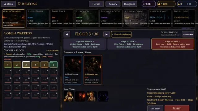 Choosing a floor: 30 per dungeon, three stages each