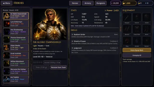 The Heroes screen: stats, skills and nine gear slots