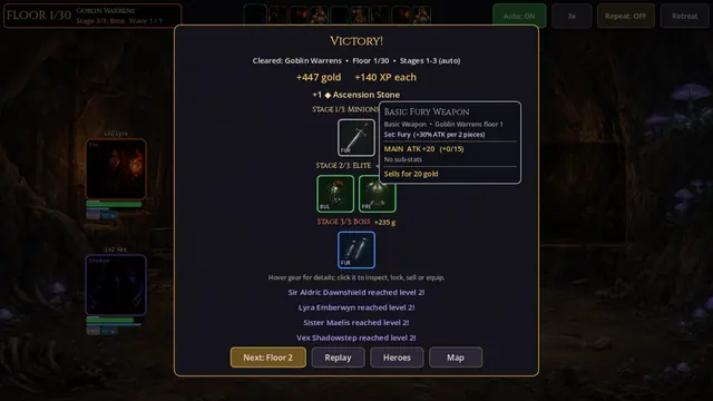 Victory screen loot with hover tooltips